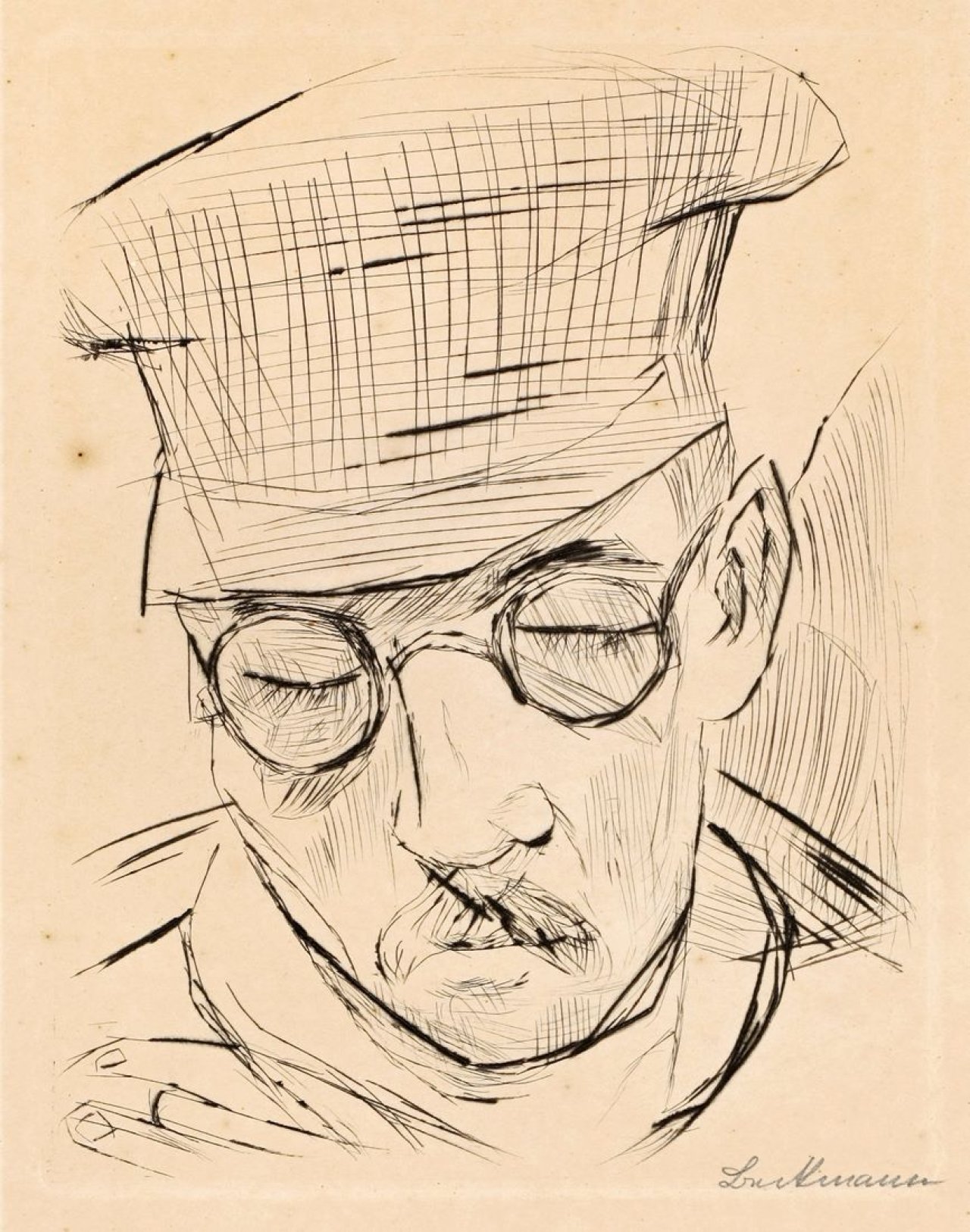 Auf diesem Bild ist das folgende Kunstwerk zu sehen: Max Beckmann. „Mann mit Ballonmütze und Brille“. 1919.