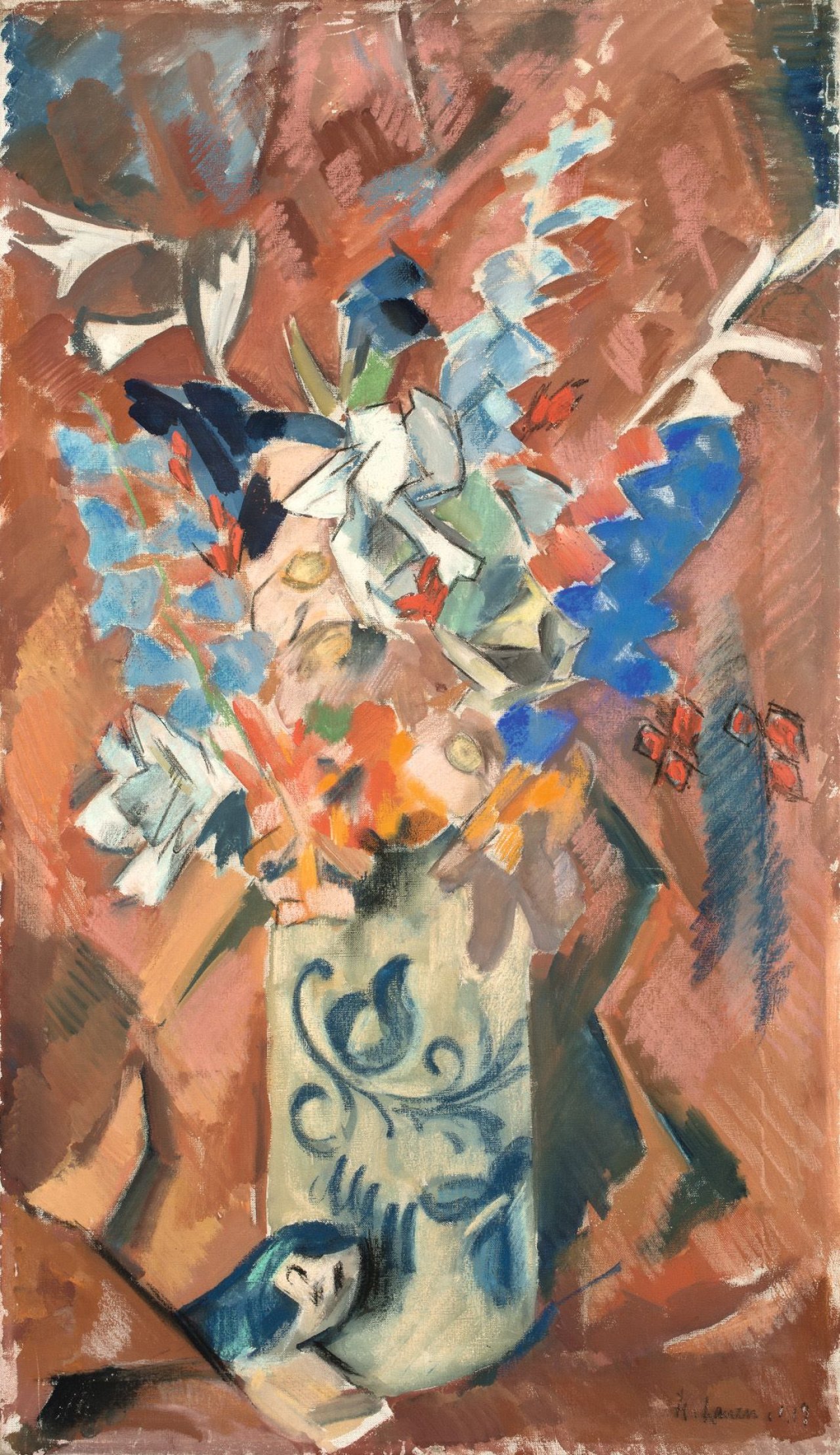 Auf diesem Bild ist das folgende Kunstwerk zu sehen: Heinrich Nauen. „Gladiolen und Eule“. 1919.
