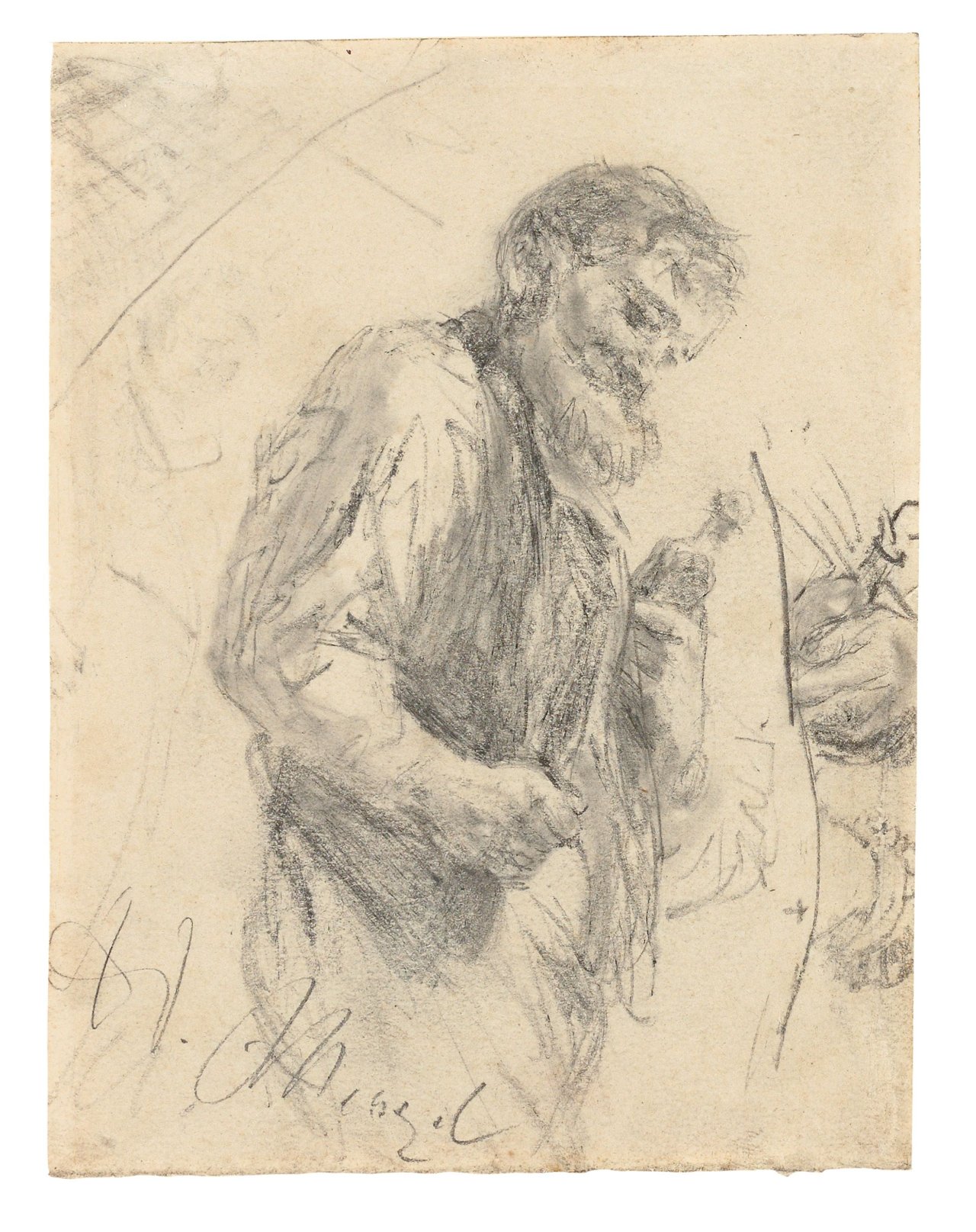 Auf diesem Bild ist das folgende Kunstwerk zu sehen: Adolph Menzel. Bärtiger Mann nach rechts mit einer Flasche in der rechten Hand sowie mit Details zu dieser Hand. Um 1897 (?).