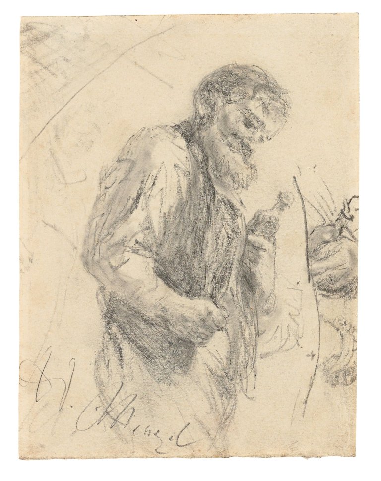 Auf diesem Bild ist das folgende Kunstwerk zu sehen: Adolph Menzel. Bärtiger Mann nach rechts mit einer Flasche in der rechten Hand sowie mit Details zu dieser Hand. Um 1897 (?).