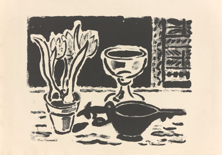 Auf diesem Bild ist das folgende Kunstwerk zu sehen: Karl Schmidt-Rottluff. „Stilleben mit Krokustopf“. 1953/54.