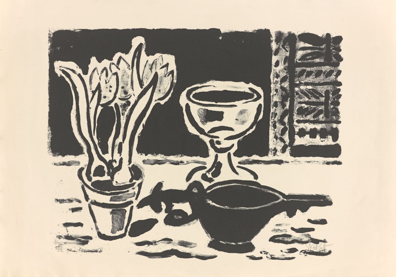 Auf diesem Bild ist das folgende Kunstwerk zu sehen: Karl Schmidt-Rottluff. „Stilleben mit Krokustopf“. 1953/54.