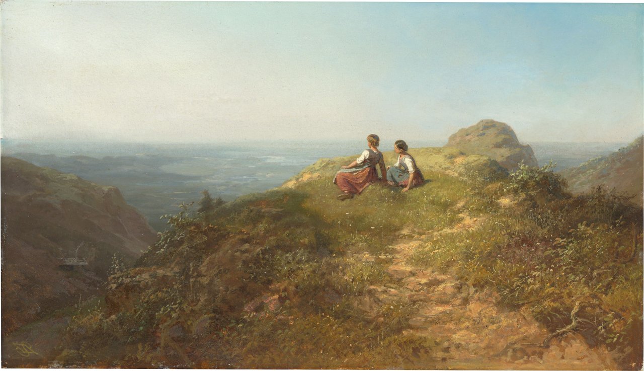 Auf diesem Bild ist das folgende Kunstwerk zu sehen: Carl Spitzweg. „Auf der Alm (Zwei auf einer Felsnase sitzende Mädchen, links in der Talschlucht die Almhütte)“. Um 1860.