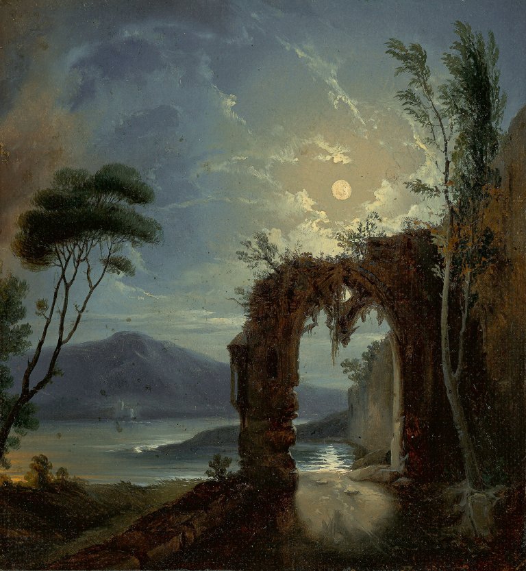 Auf diesem Bild ist das folgende Kunstwerk zu sehen:  Deutsch, um 1830/40. Ruine an einem See bei Mondschein.