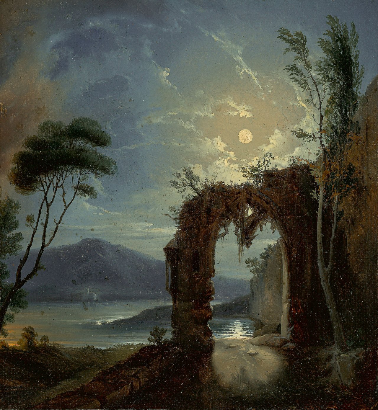 Auf diesem Bild ist das folgende Kunstwerk zu sehen:  Deutsch, um 1830/40. Ruine an einem See bei Mondschein.