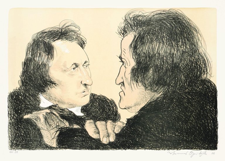 Auf diesem Bild ist das folgende Kunstwerk zu sehen: Johannes Grützke. Jakob und Wilhelm Grimm. 2004.