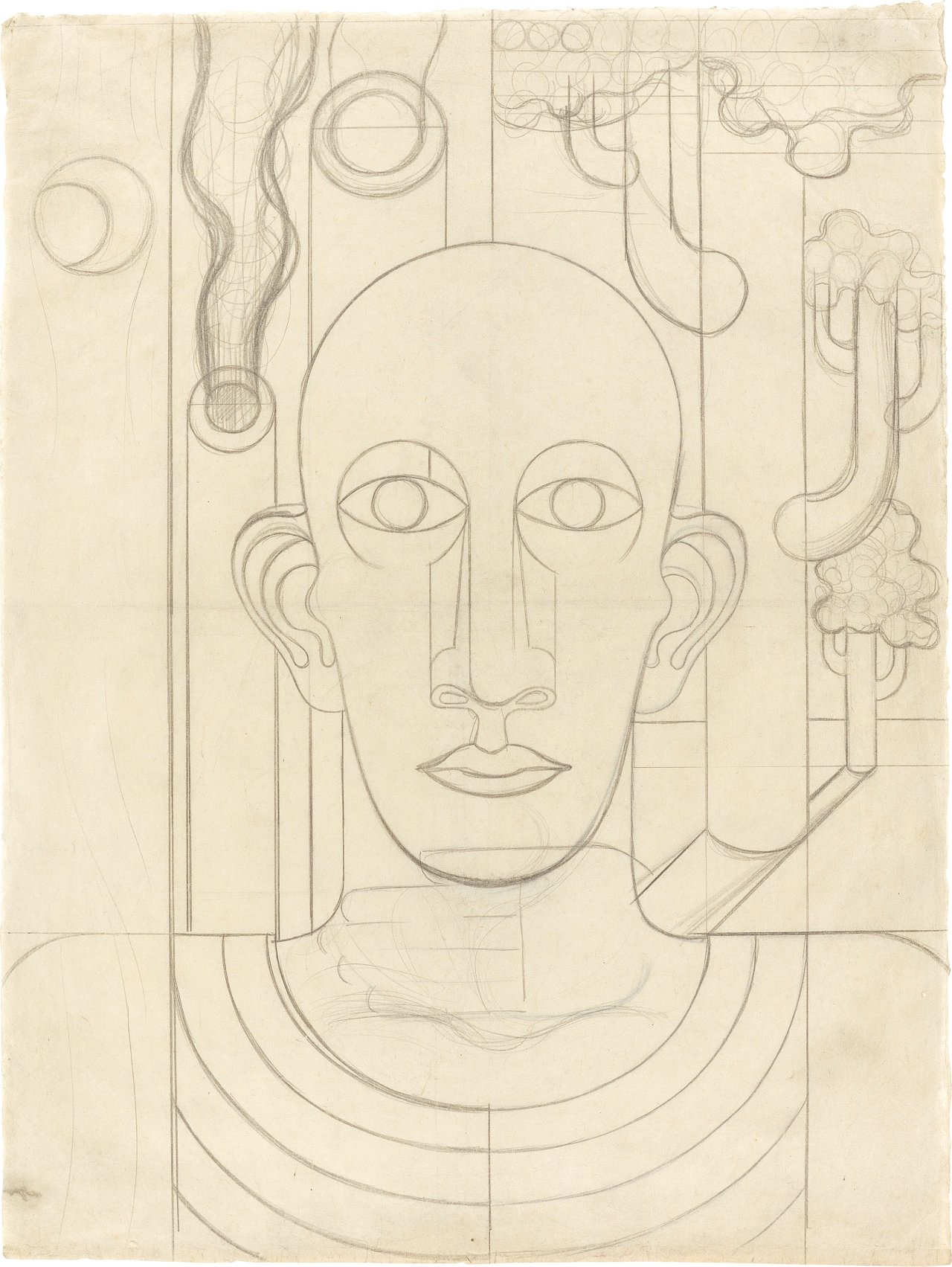 Auf diesem Bild ist das folgende Kunstwerk zu sehen: Heinrich Hoerle. Arbeiter (Selbstbildnis vor Bäumen und Schornsteinen). Um 1930.