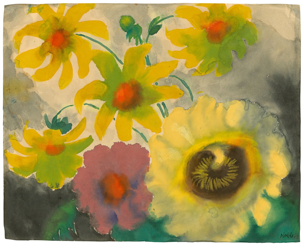 This picture shows the following artwork: Emil Nolde. „Sonnenblume und Dahlienblüten“. Circa 1930.