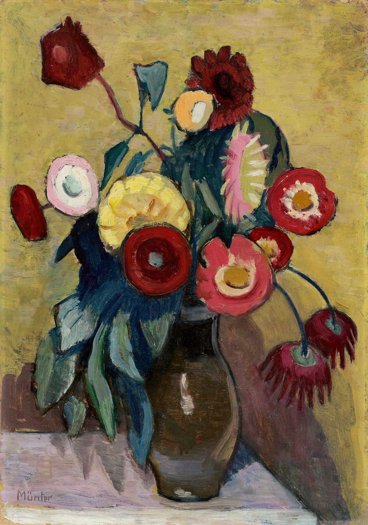Auf diesem Bild ist das folgende Kunstwerk zu sehen: Gabriele Münter. Dahlien im Glas. 1944.