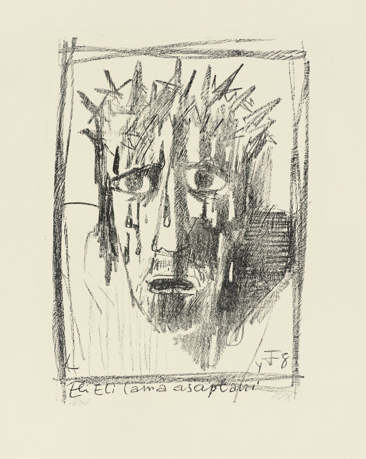 Auf diesem Bild ist das folgende Kunstwerk zu sehen: Otto Dix. „Eli, Eli, laai asabthani“ (Christuskopf). 1948.