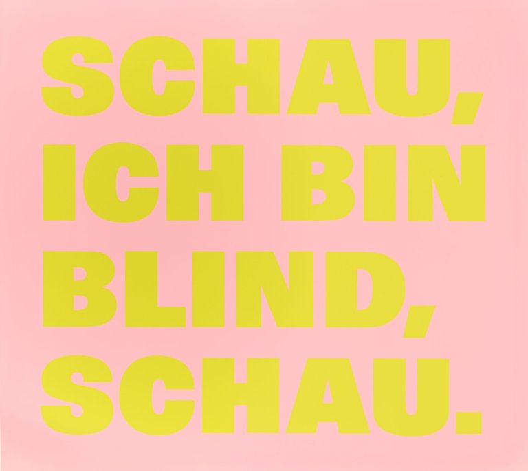 Auf diesem Bild ist das folgende Kunstwerk zu sehen: Rémy Zaugg. „SCHAU,/ICH BIN/BLIND,/SCHAU., (rose/jaune verdi)“. 1998.
