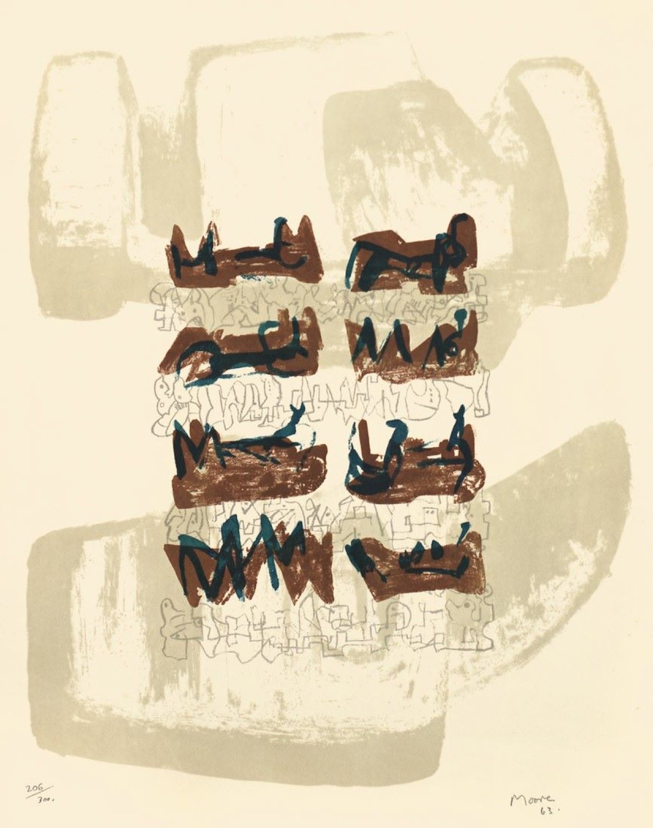 Auf diesem Bild ist das folgende Kunstwerk zu sehen: Henry Moore. „Eight reclining figures on rock background“. 1963.