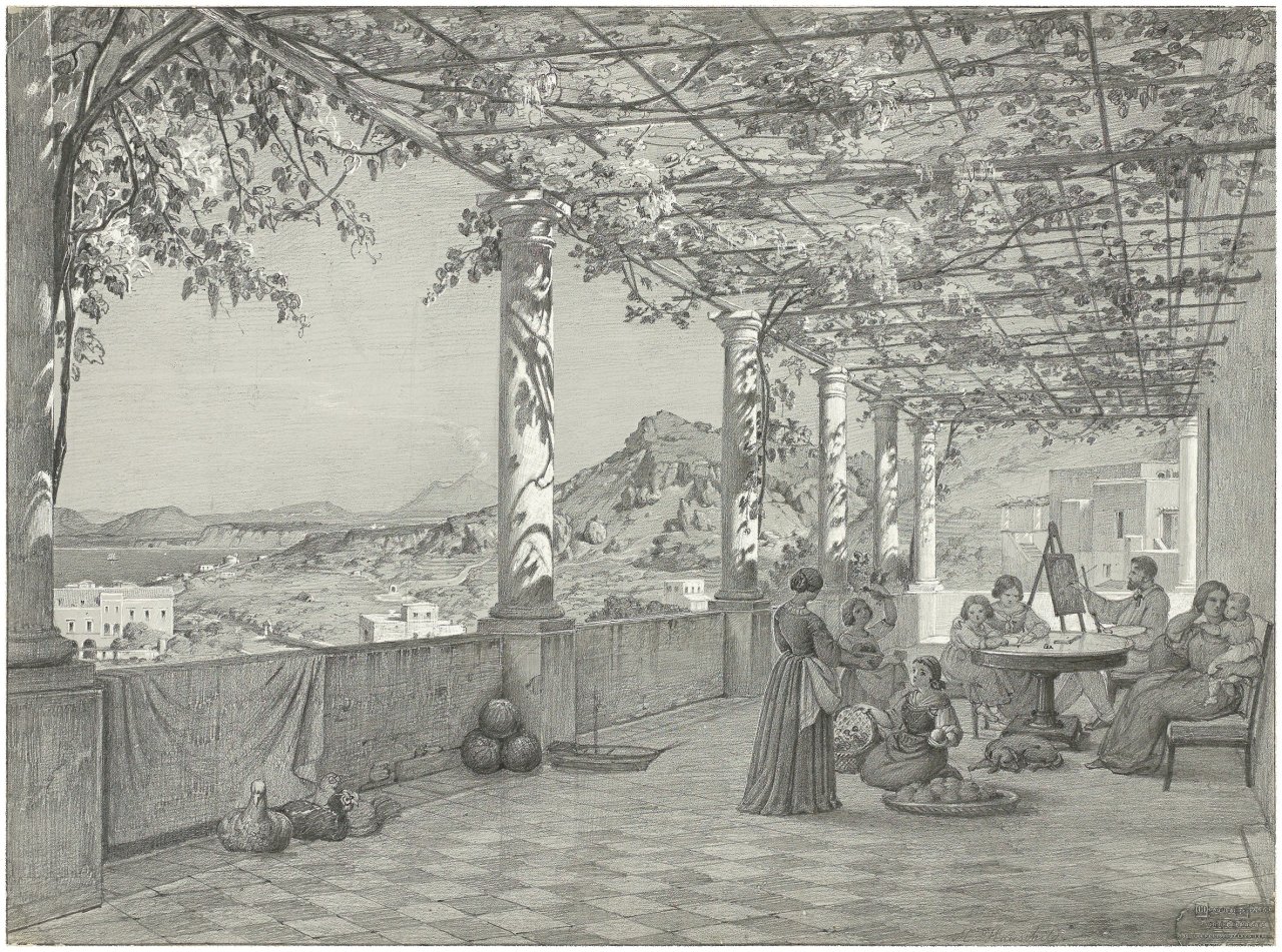 Auf diesem Bild ist das folgende Kunstwerk zu sehen: Maximilian Albert Hauschild. Der Maler im Kreis seiner Familie auf der Terrasse der Villa Tagliaferro auf Ischia. 1853.