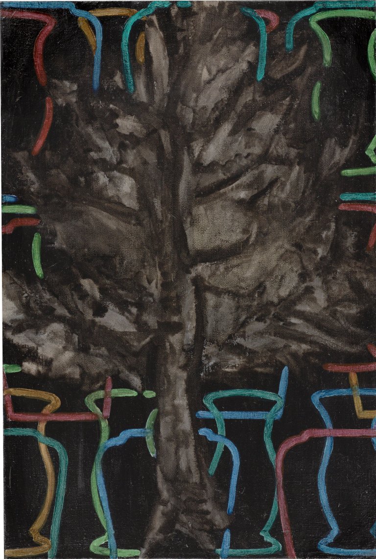 Auf diesem Bild ist das folgende Kunstwerk zu sehen: Axel Kasseböhmer. „Stilleben Schwarz/Grau mit Baum“. 1988.