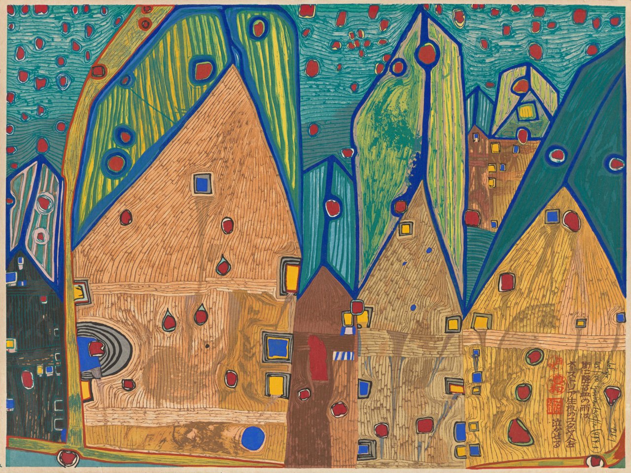This picture shows the following artwork: Friedensreich Hundertwasser. ”Häuser im Blutregen”. 1961.