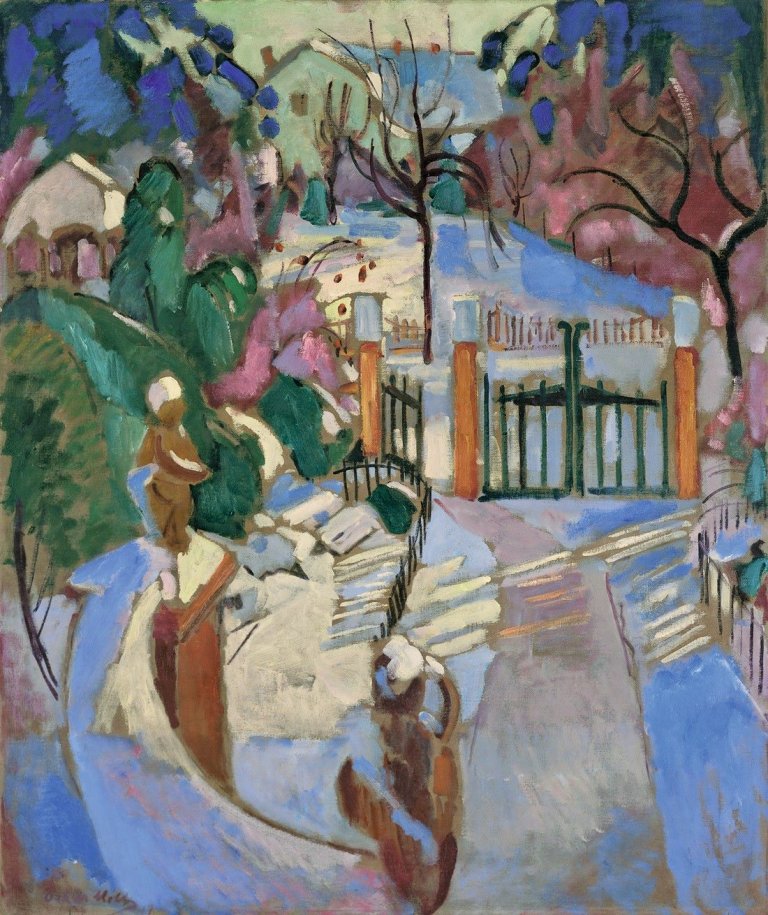 Auf diesem Bild ist das folgende Kunstwerk zu sehen: Oskar Moll. „Vorgarten im Winter“. 1917.