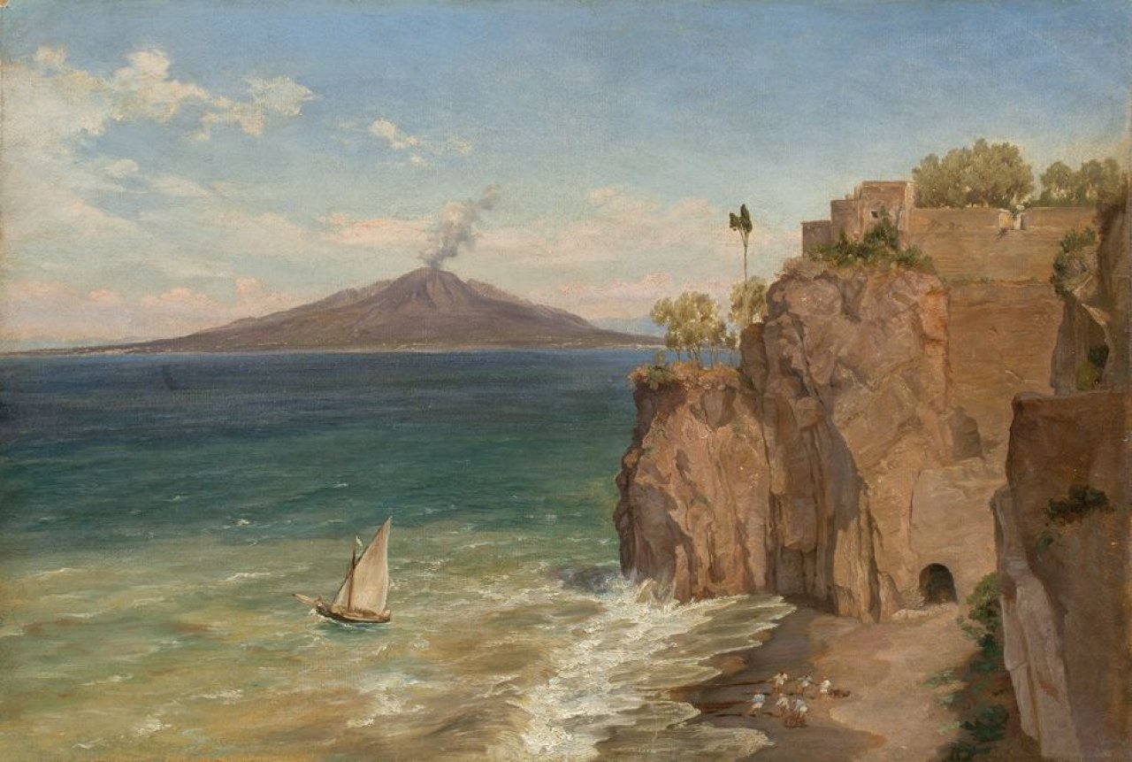Auf diesem Bild ist das folgende Kunstwerk zu sehen: Friedrich Loos. Blick von Capri auf den Vesuv. Um 1848/49.