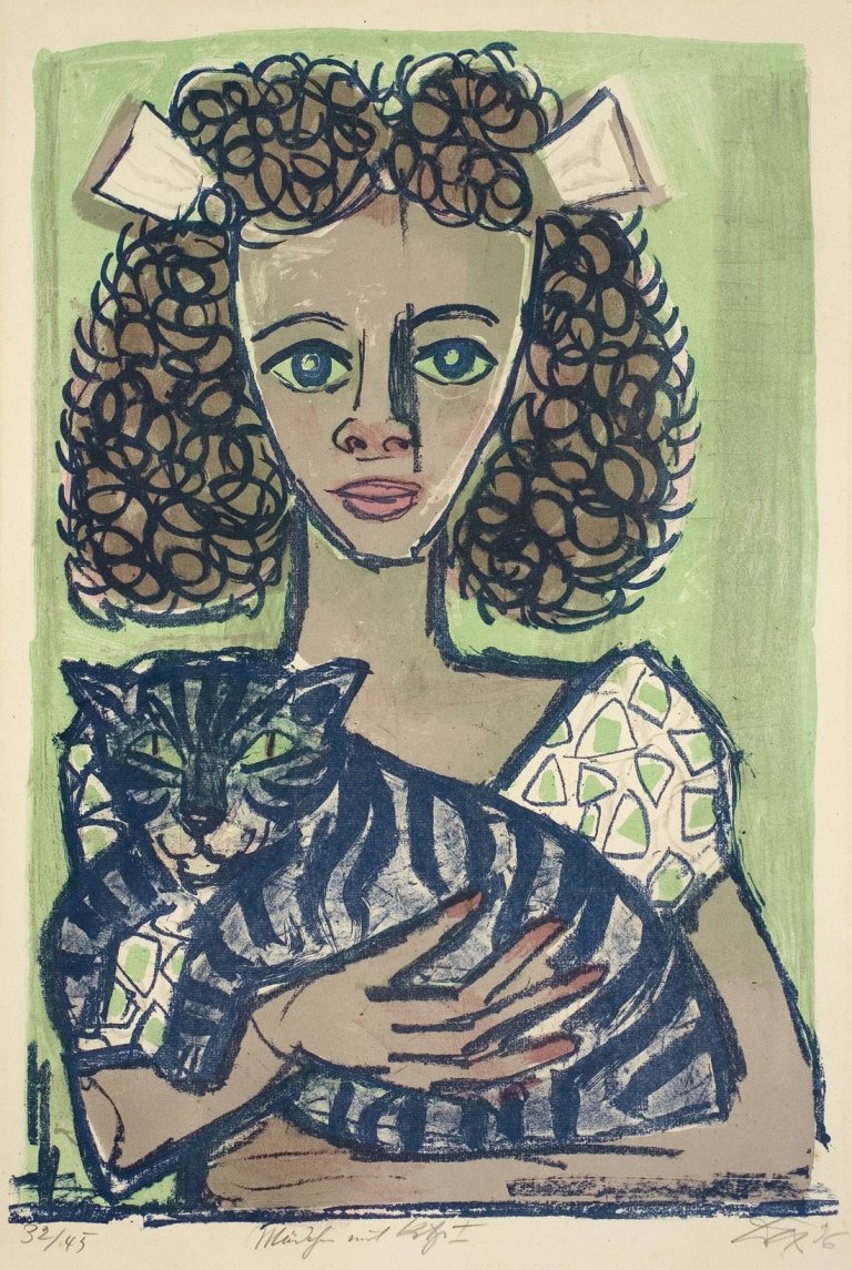 Auf diesem Bild ist das folgende Kunstwerk zu sehen: Otto Dix. „Mädchen mit Katze I“. 1956.