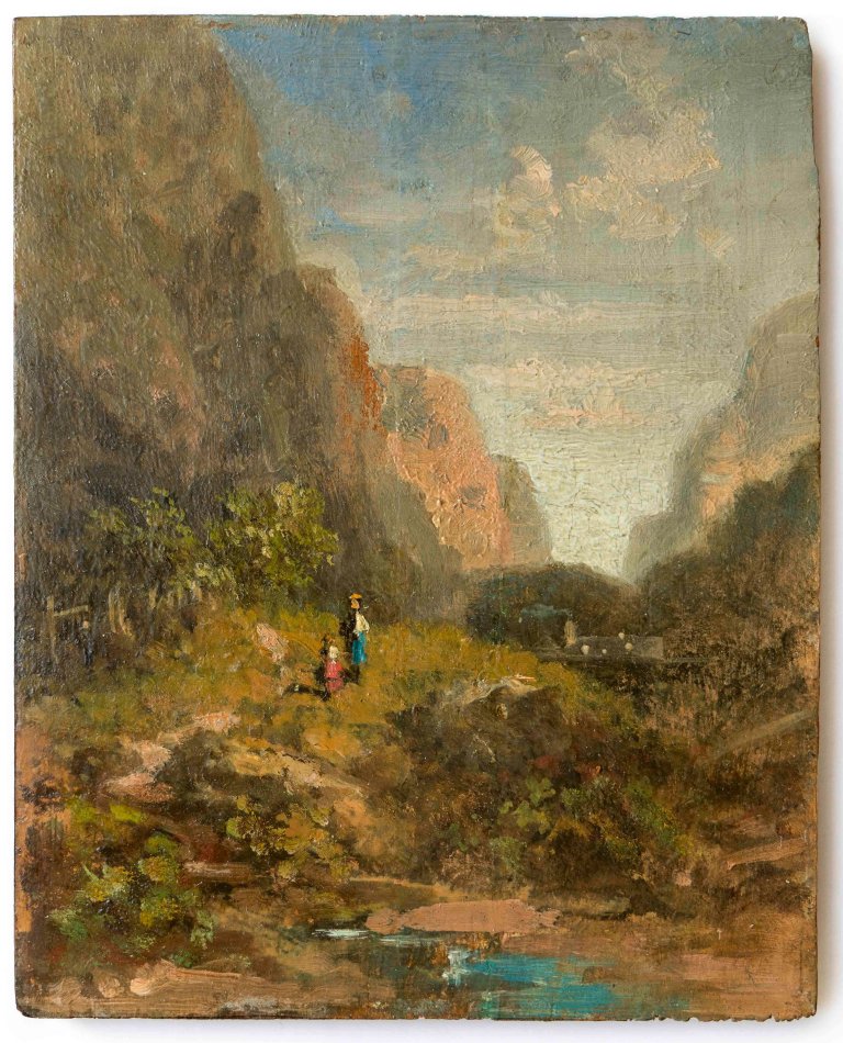 Auf diesem Bild ist das folgende Kunstwerk zu sehen: Carl Spitzweg. Im Hochgebirge (Sennerin und Kind auf dem Pfad). Um 1871/1875.