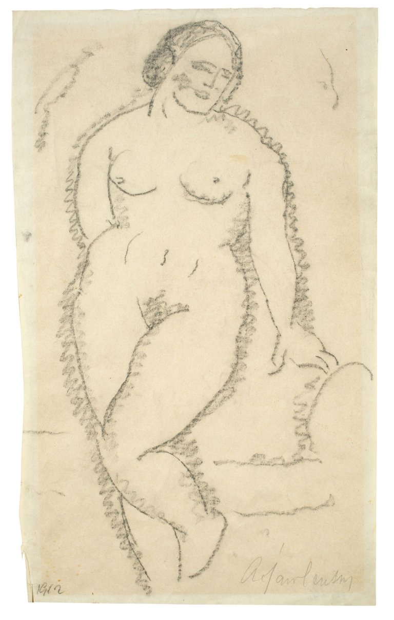 Auf diesem Bild ist das folgende Kunstwerk zu sehen: Alexej von Jawlensky. „Stehender Akt mit angewinkeltem linken Bein“. 1912.