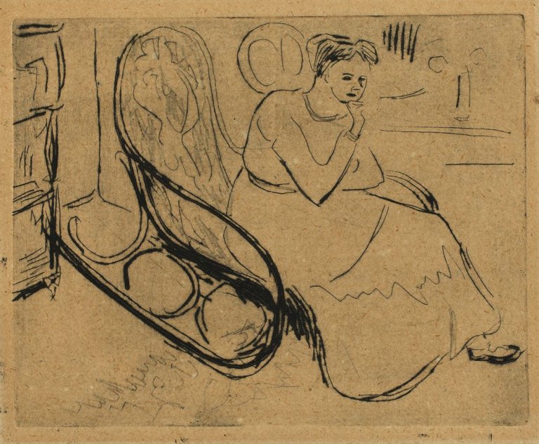 Auf diesem Bild ist das folgende Kunstwerk zu sehen: Ernst Ludwig Kirchner. „Emmy Frisch im Schaukelstuhl“. 1908.