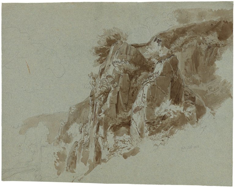 Auf diesem Bild ist das folgende Kunstwerk zu sehen: Ernst Fries. Studie zu Felsen am Neckarhang (Teufelskanzel). 1833.