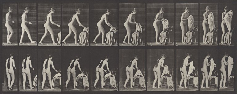 Auf diesem Bild ist das folgende Kunstwerk zu sehen: Eadweard  Muybridge (d.i. Edward James Muggeridge). Animal Locomotion, Female (Toilet, preparing to put on clothing), Plate 415. 1887.