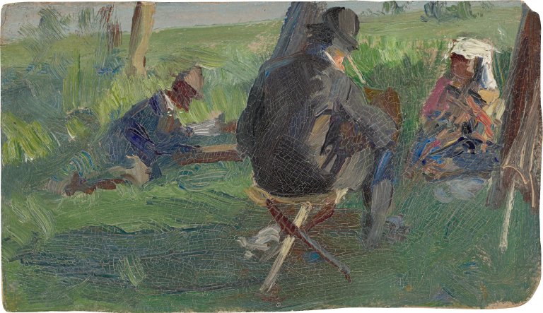 Auf diesem Bild ist das folgende Kunstwerk zu sehen: Deutsch, um 1900. Zwei Maler mit Modell auf der Wiese.