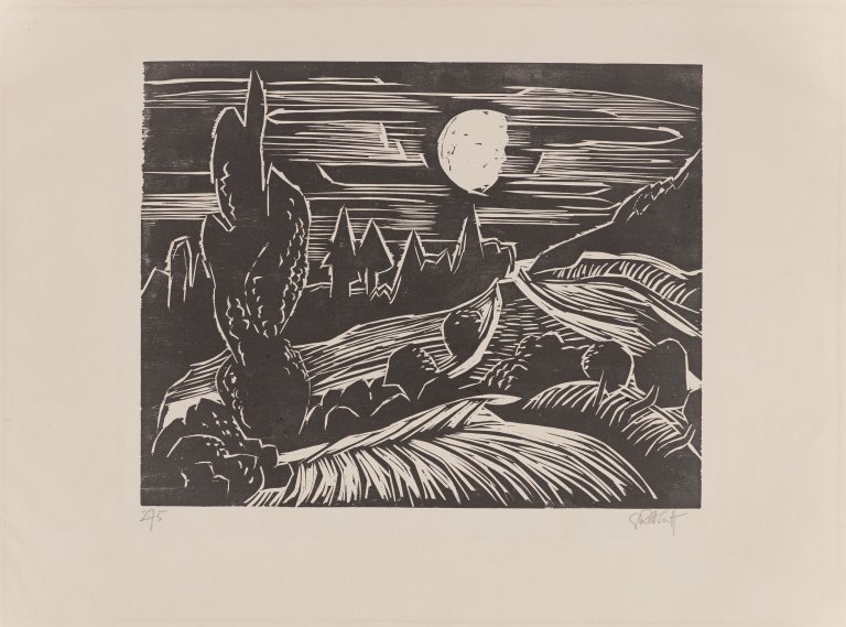 Auf diesem Bild ist das folgende Kunstwerk zu sehen: Karl Schmidt-Rottluff. „Landschaft im Mondschein“. 1927.