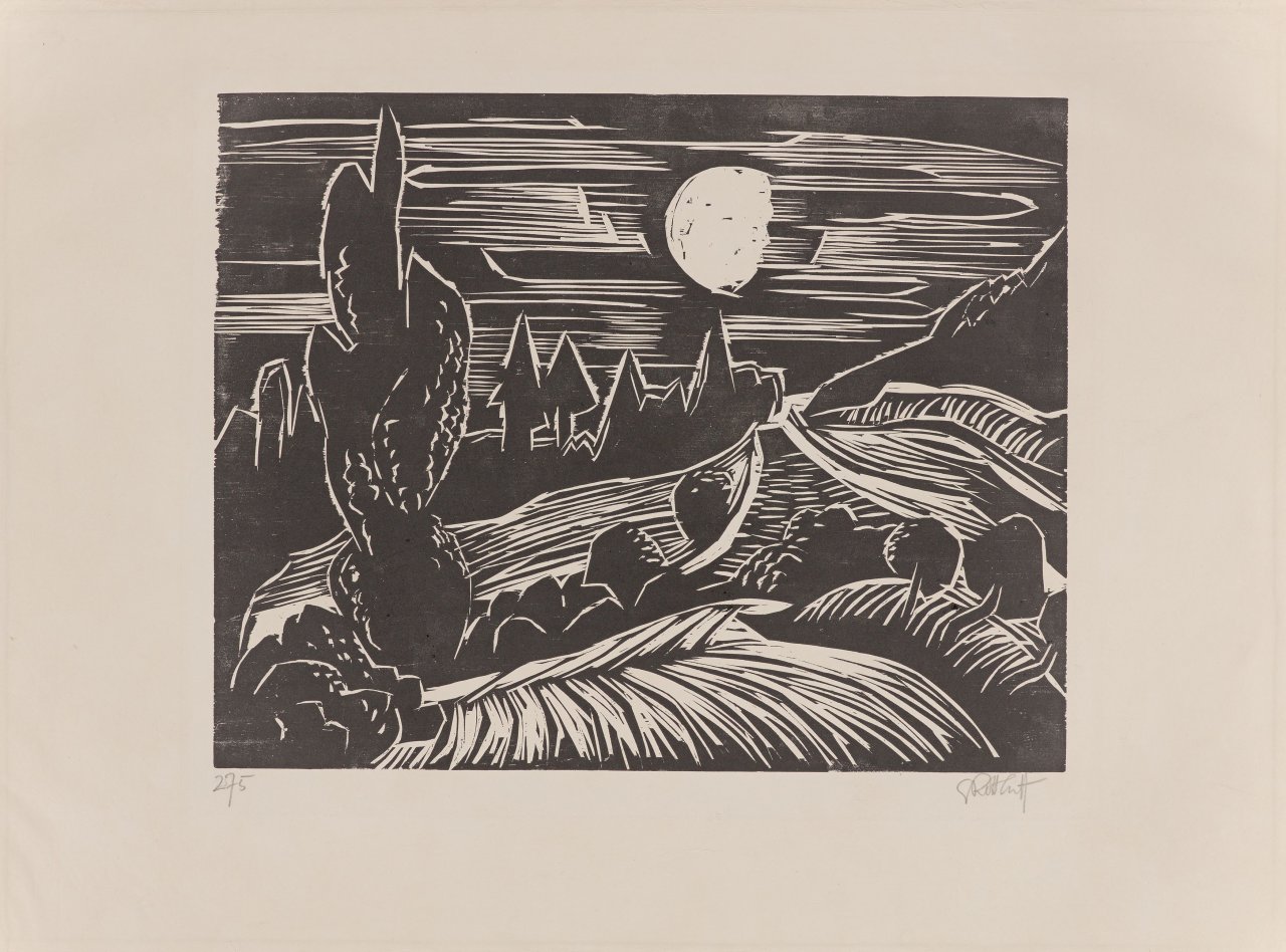 Auf diesem Bild ist das folgende Kunstwerk zu sehen: Karl Schmidt-Rottluff. „Landschaft im Mondschein“. 1927.