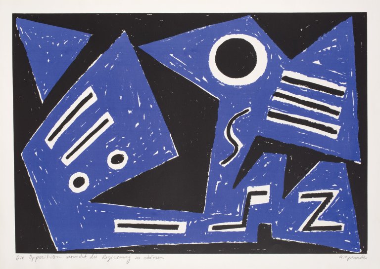 Auf diesem Bild ist das folgende Kunstwerk zu sehen: A.R. Penck. „Die Opposition versucht die Regierung zu stürzen “.