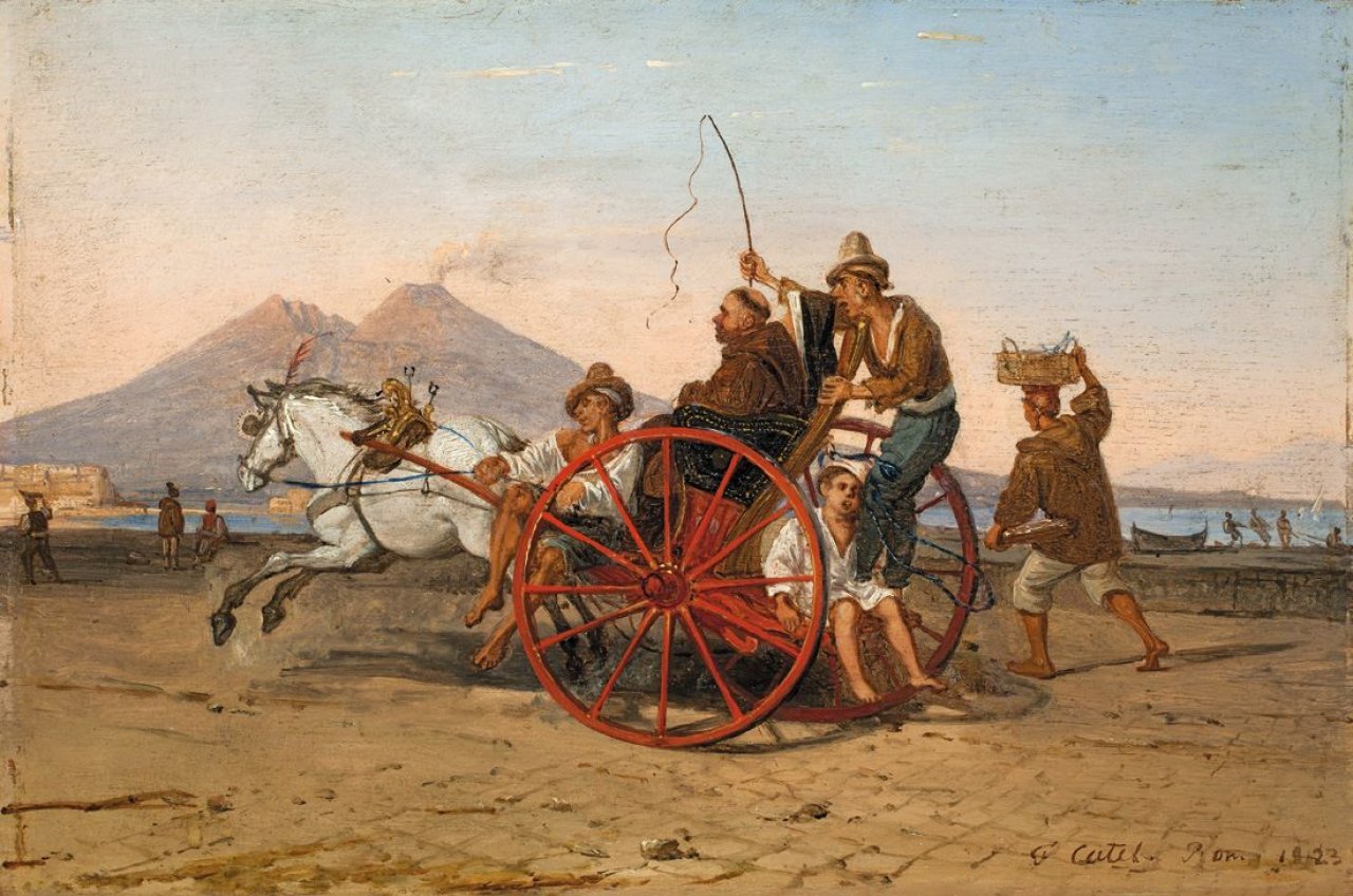 Auf diesem Bild ist das folgende Kunstwerk zu sehen: Franz Ludwig Catel. „Ein Kapuzinermönch wird in einer neapolitanischen Carrete im Hafen von Neapel gefahren“. 1823.