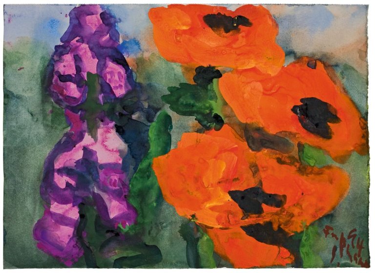 Auf diesem Bild ist das folgende Kunstwerk zu sehen: Klaus Fußmann. Rittersporn und Mohn. 1994.