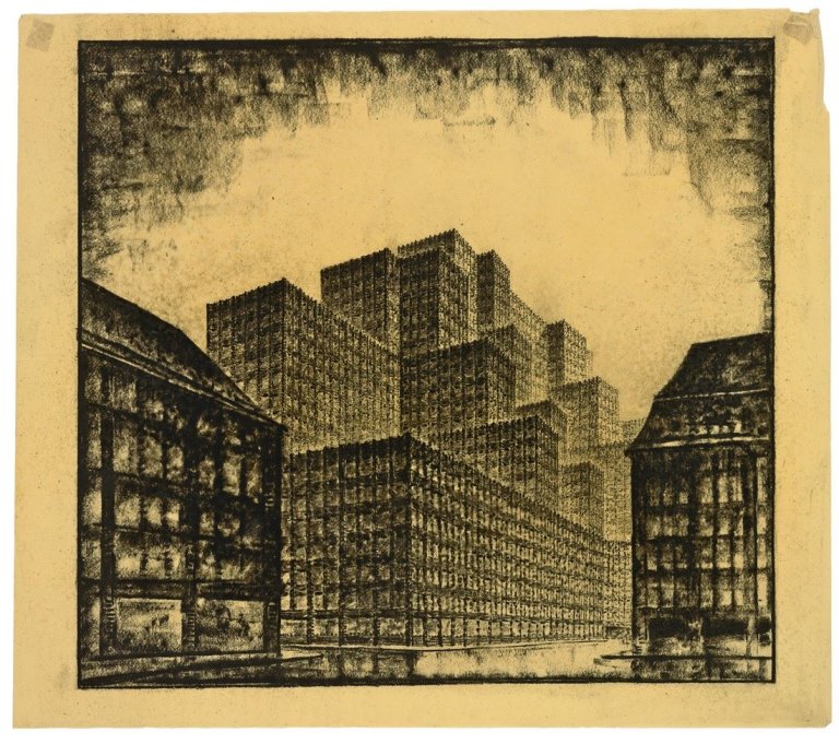 Auf diesem Bild ist das folgende Kunstwerk zu sehen: Hans Poelzig. Messehaus Hamburg, Wettbewerbsentwurf, Vorschlag B. 1925.