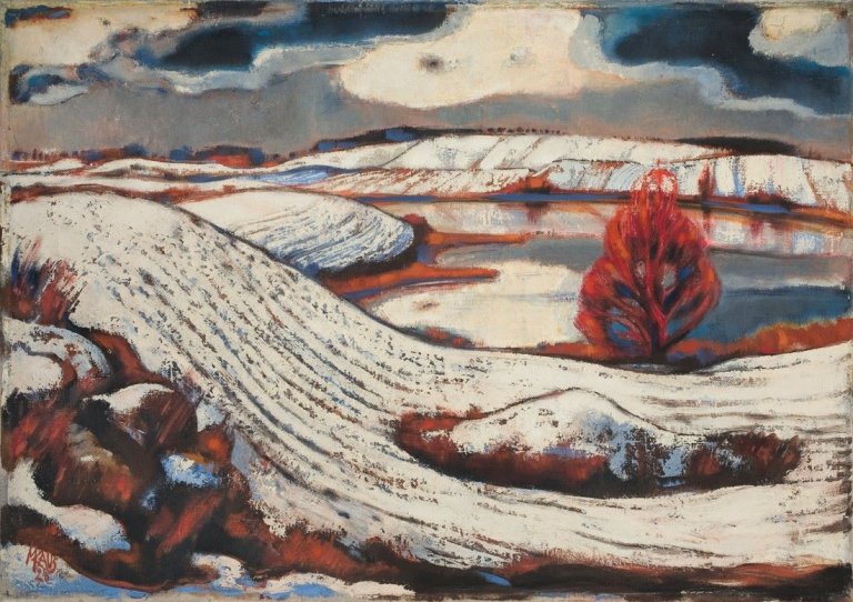 Auf diesem Bild ist das folgende Kunstwerk zu sehen: Max Kaus. „Tauschnee auf Mecklenburgischer Seelandschaft“. 1928.