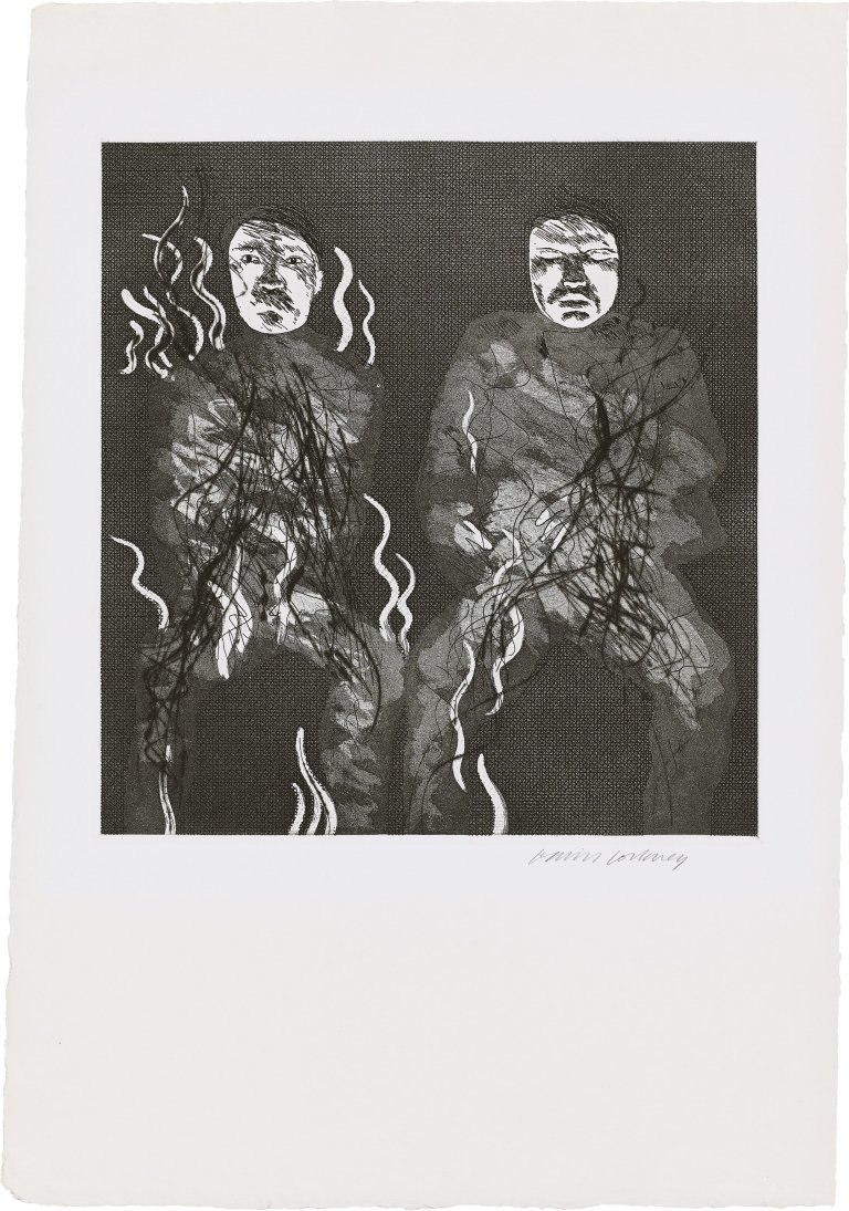 Auf diesem Bild ist das folgende Kunstwerk zu sehen: David Hockney. „Corpses on Fire“ (aus: Six Fairy Tales). 1969.