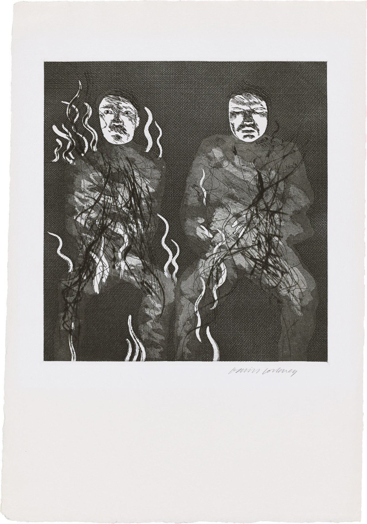 Auf diesem Bild ist das folgende Kunstwerk zu sehen: David Hockney. „Corpses on Fire“ (aus: Six Fairy Tales). 1969.
