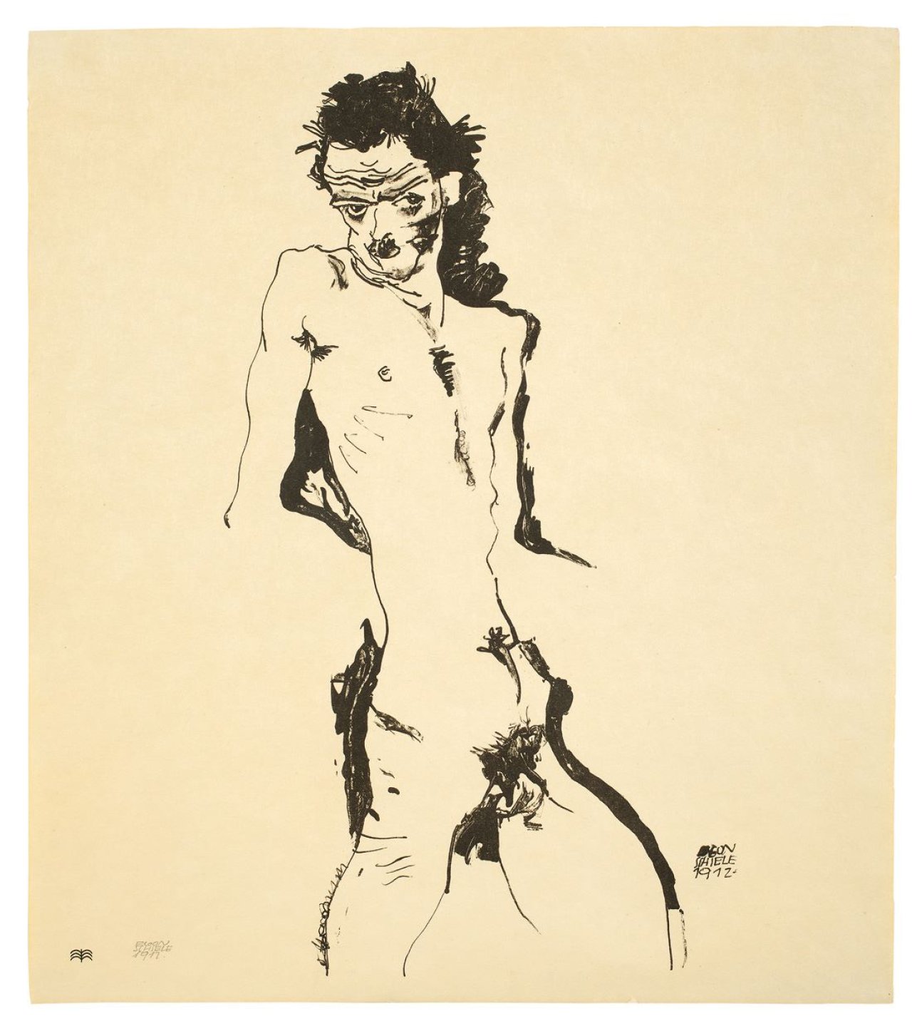 Auf diesem Bild ist das folgende Kunstwerk zu sehen: Egon Schiele. „Männnlicher Akt (Selbstbildnis) I“. 1912.