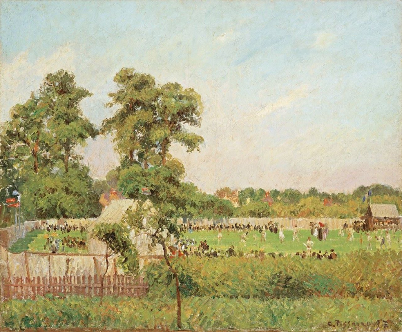 Auf diesem Bild ist das folgende Kunstwerk zu sehen: Camille Pissarro. „Match de cricket à Bedford Park, Londres“. 1897.