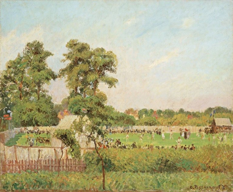 Auf diesem Bild ist das folgende Kunstwerk zu sehen: Camille Pissarro. „Match de cricket à Bedford Park, Londres“. 1897.