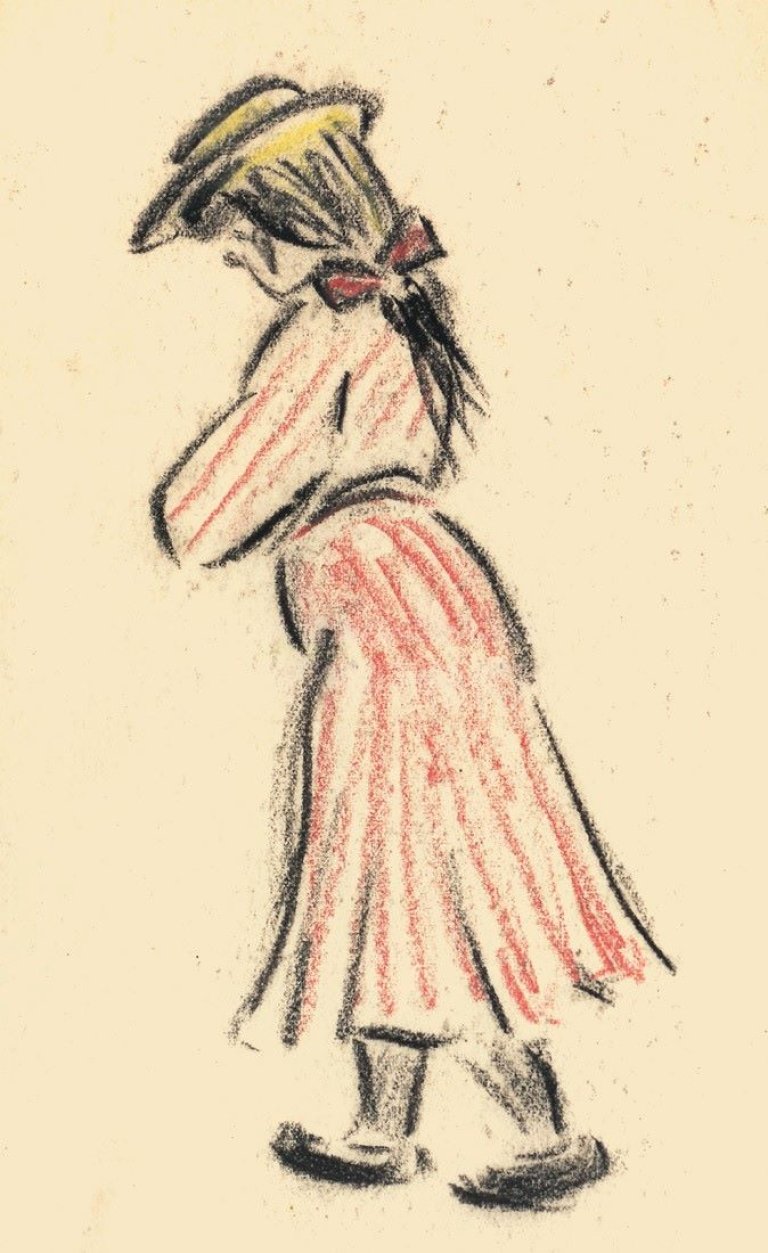 Auf diesem Bild ist das folgende Kunstwerk zu sehen: Heinrich Zille. Mädchen in rotgestreiftem Kleid.