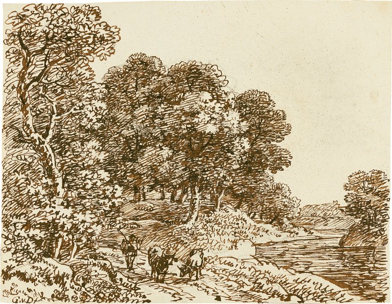 Auf diesem Bild ist das folgende Kunstwerk zu sehen: Johann Georg von Dillis. Wald-Flusslandschaft mit Herde. Um 1820.