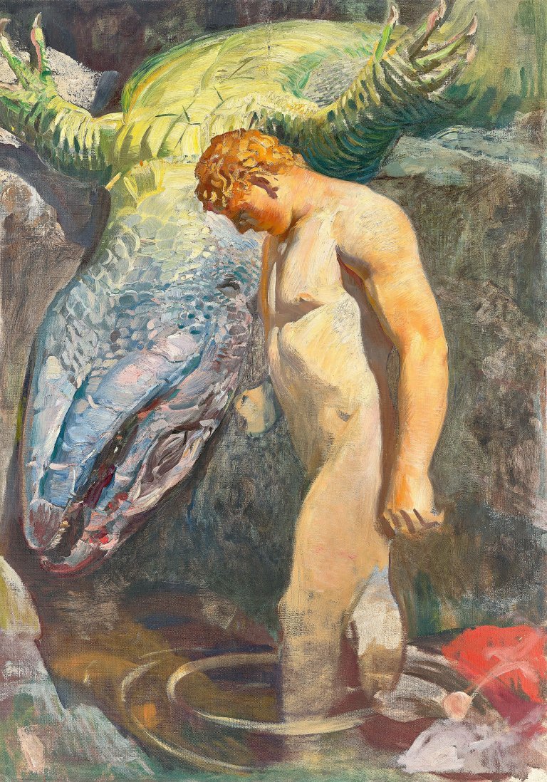 Auf diesem Bild ist das folgende Kunstwerk zu sehen: Osmar Schindler. Siegfried im Drachenblut. Um 1900.