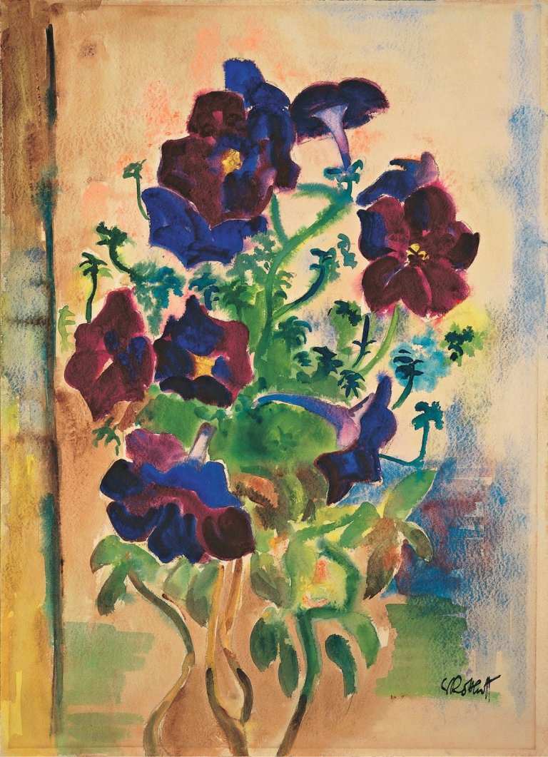 Auf diesem Bild ist das folgende Kunstwerk zu sehen: Karl Schmidt-Rottluff. Blühende Petunien. (Nach) 1925.