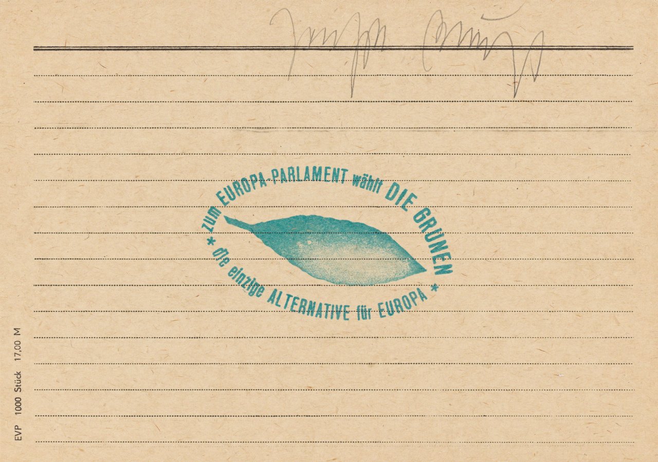 Auf diesem Bild ist das folgende Kunstwerk zu sehen: Joseph Beuys. „Zum EUROPA-Parlament wählt DIE GRÜNEN“. Um 1979.