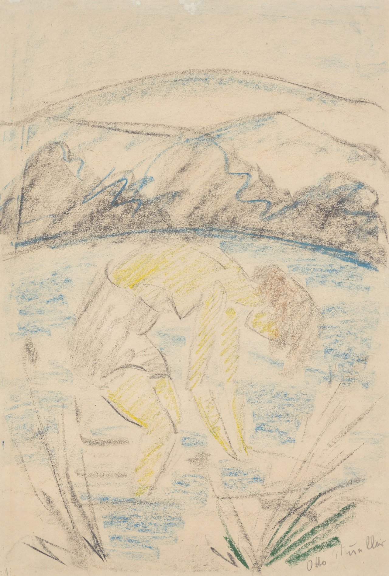 Auf diesem Bild ist das folgende Kunstwerk zu sehen: Otto Mueller. „Badendes Mädchen im See“. Um 1923.