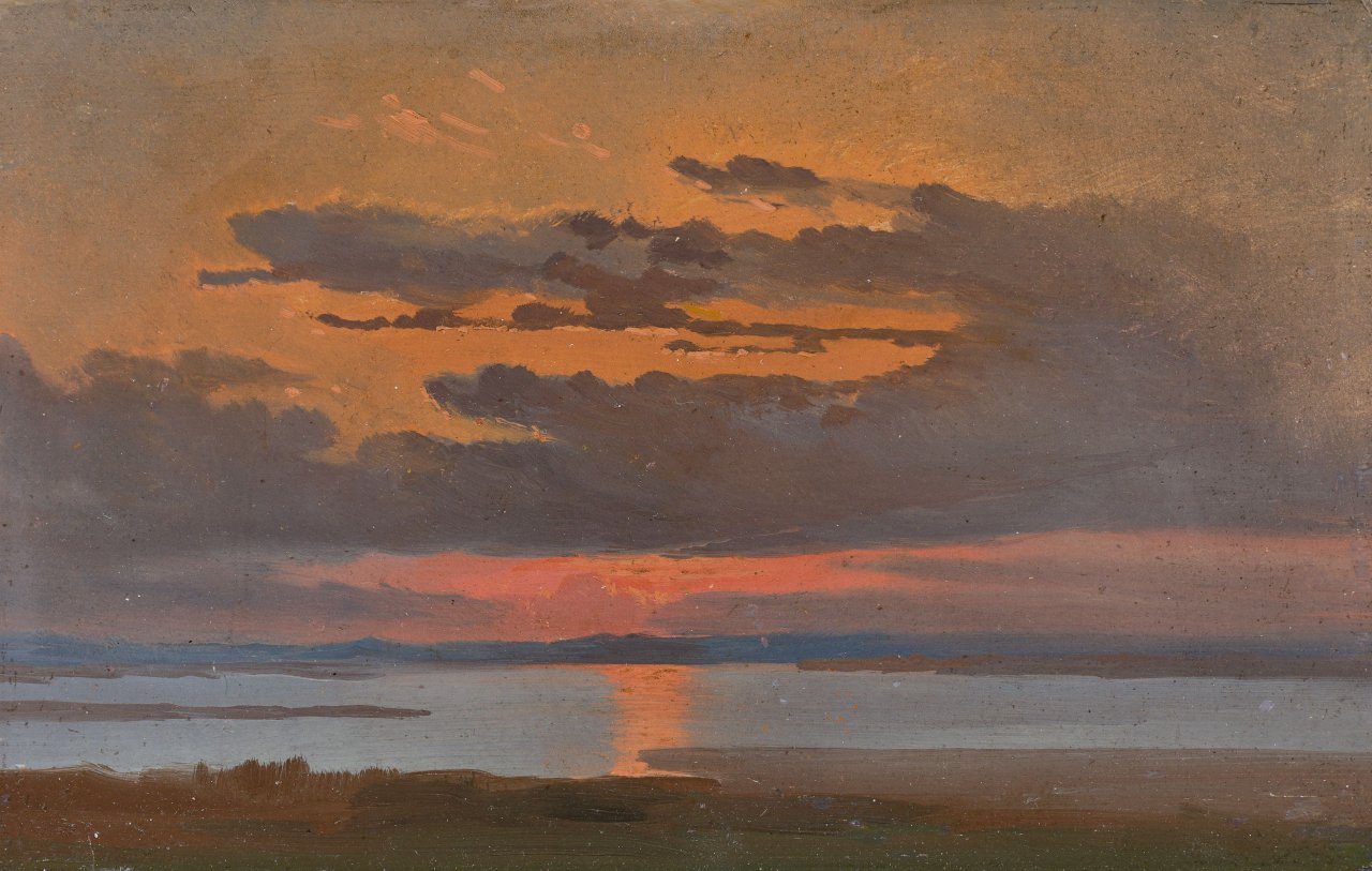 Auf diesem Bild ist das folgende Kunstwerk zu sehen: Johann Heinrich Schilbach. Sonnenuntergang über dem Meer.