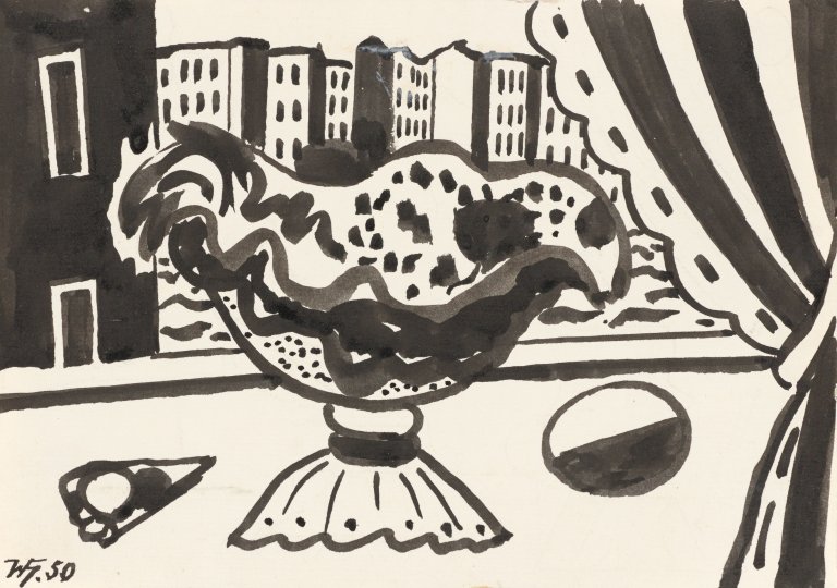 Auf diesem Bild ist das folgende Kunstwerk zu sehen: Werner Heldt. „Tischstilleben vor Blick aus dem Fenster auf Häuserfront“. 1950.