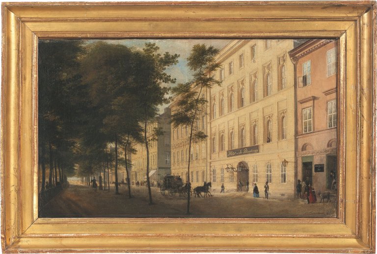Auf diesem Bild ist das folgende Kunstwerk zu sehen: Eduard Gaertner. „Blick in die Straße Unter den Linden, Ecke Charlottenstraße, mit dem Hôtel de St. Petersbourg“. 1843.