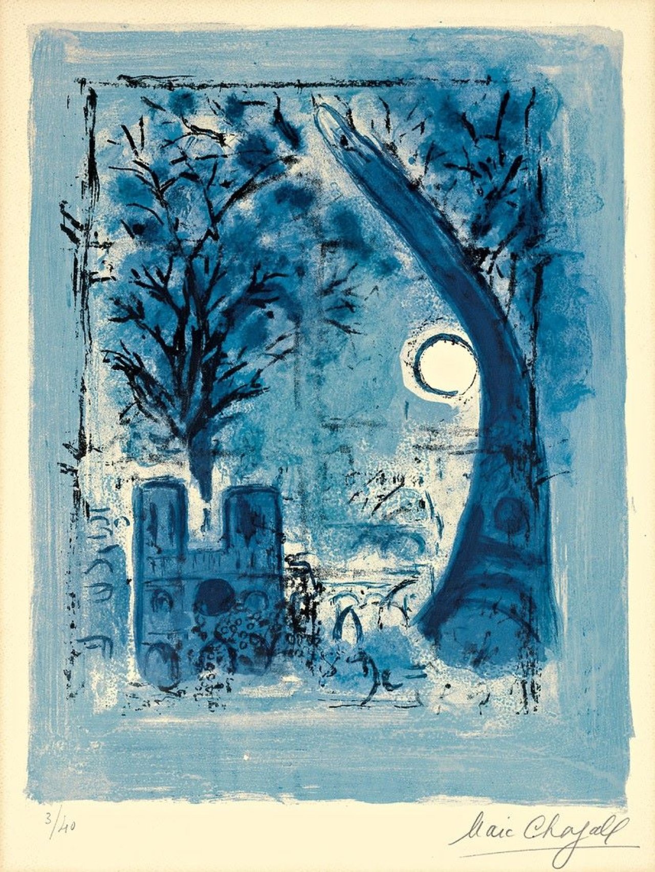 Auf diesem Bild ist das folgende Kunstwerk zu sehen: Marc Chagall. „Notre-Dame et la Tour Eiffel“. 1960.